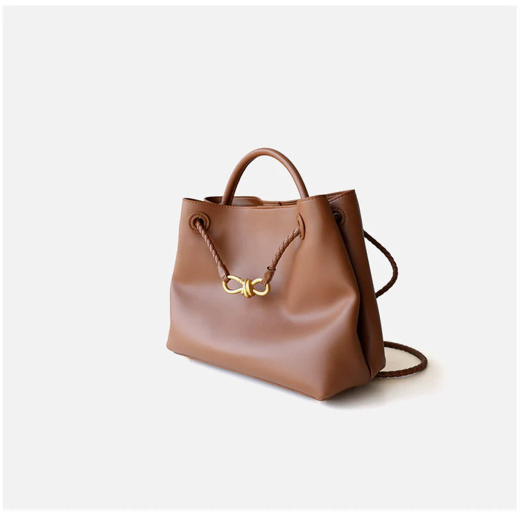 "Asolo" Sac cabas en cuir de vachette à bandoulière avec nœud papillon doré