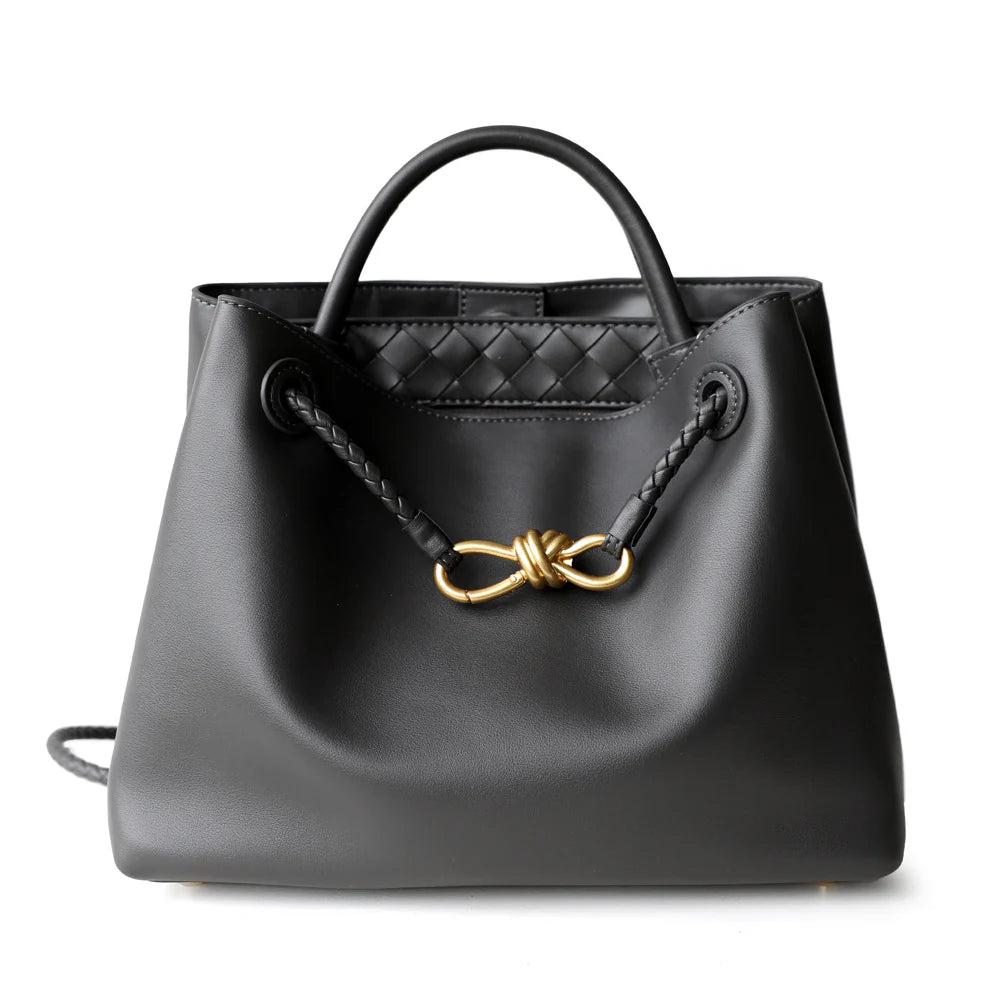 "Asolo" Sac cabas en cuir de vachette à bandoulière avec nœud papillon doré